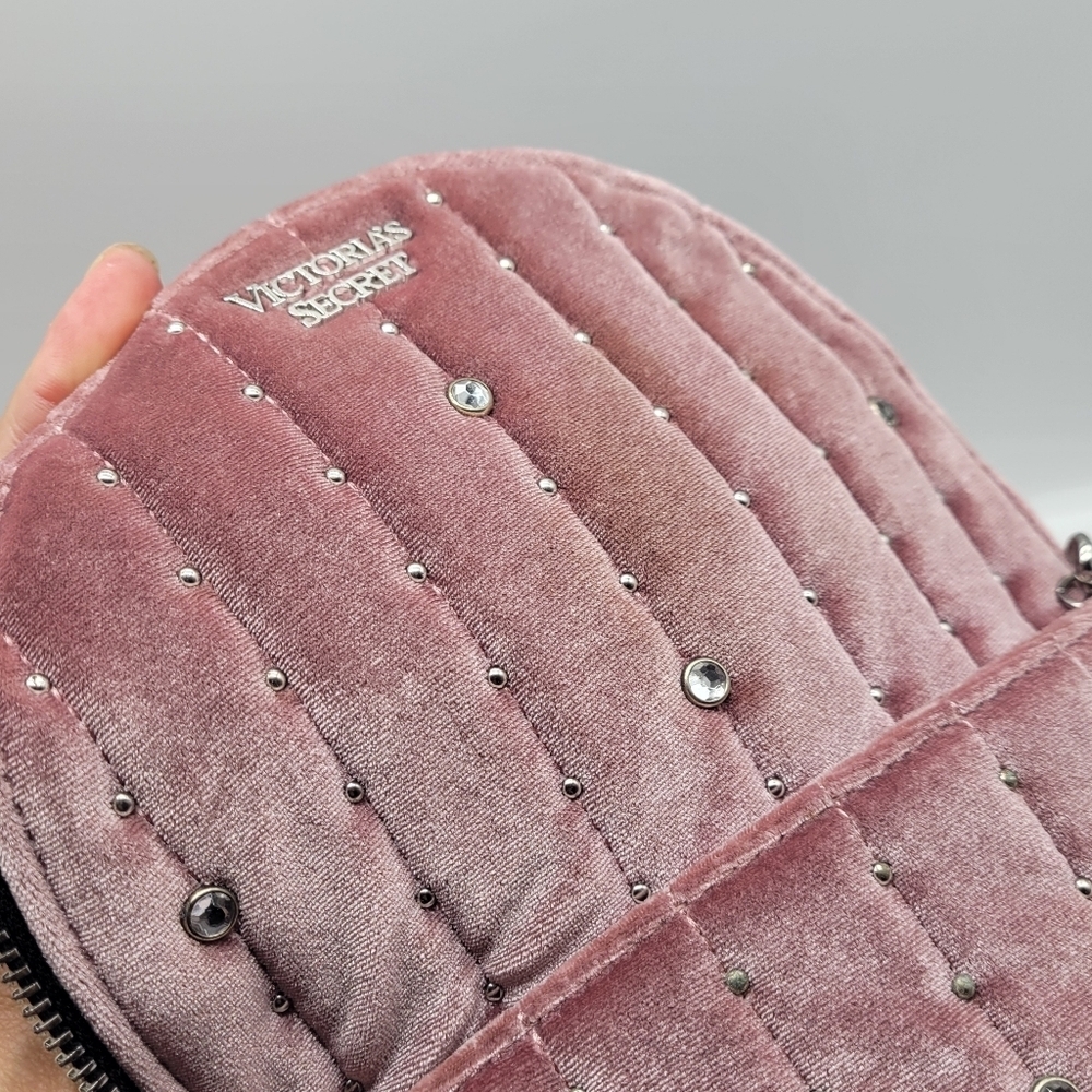 VICTORIA SECRET BACKPACK DUSTY ROSE VELOUR SHIMMER/CHAIN ACCENTS Zip Pockets - Picture 11 of 14